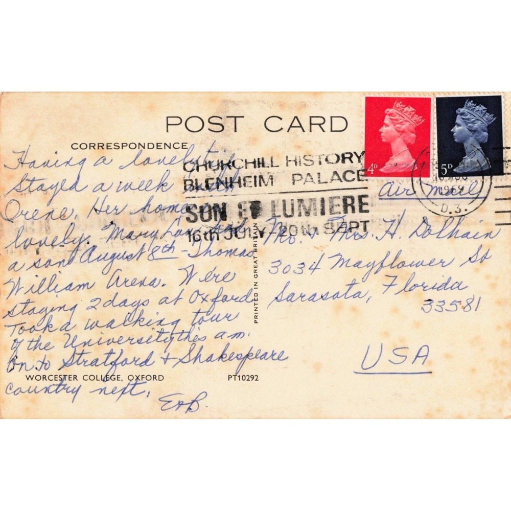 Vintage Worcester College Oxford Postcard Churchill Blenheim Palace Postmark VG - Picture 2 of 2